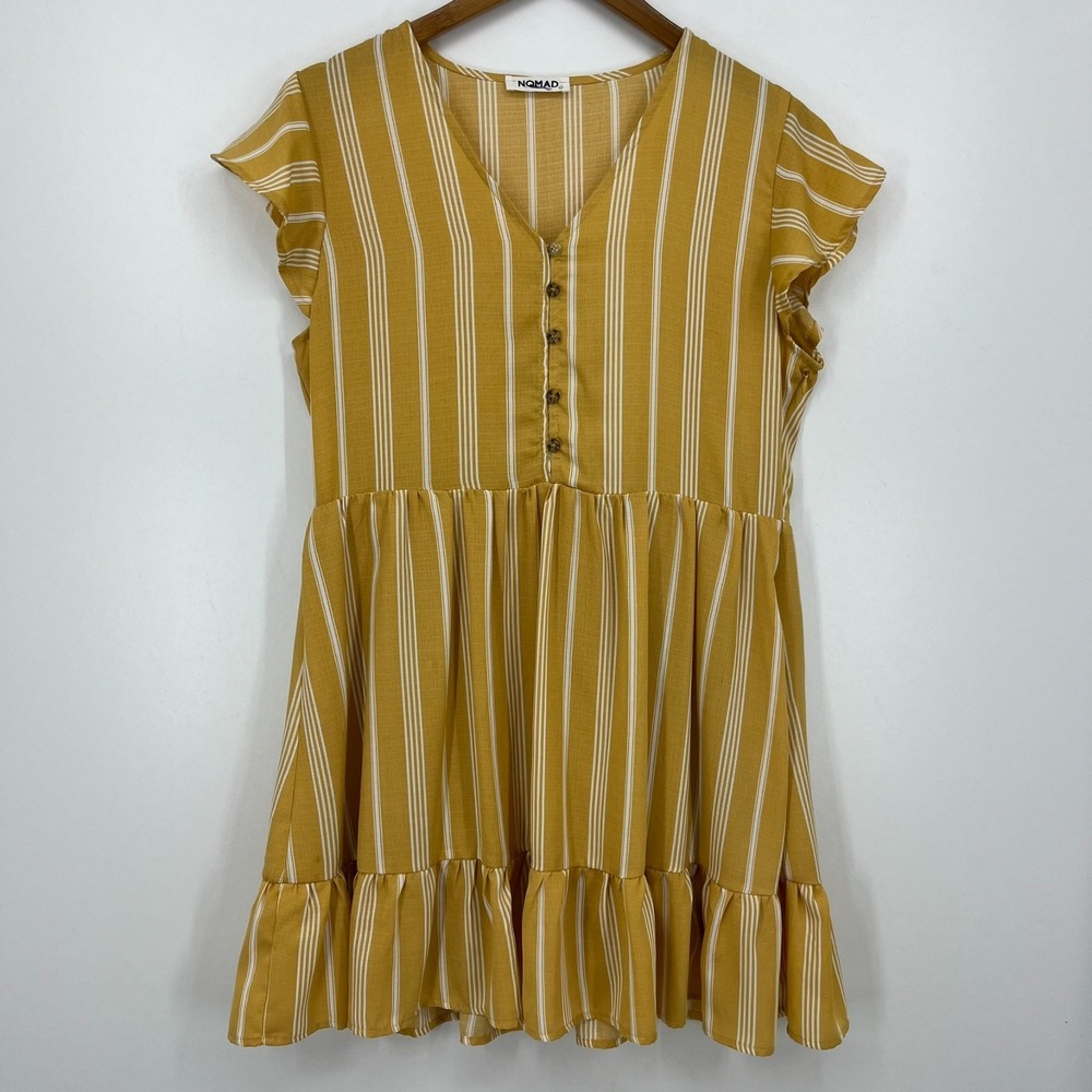 Nomad Dress‎ Women's Size L Yellow Striped V-Neck Button Knee Length
